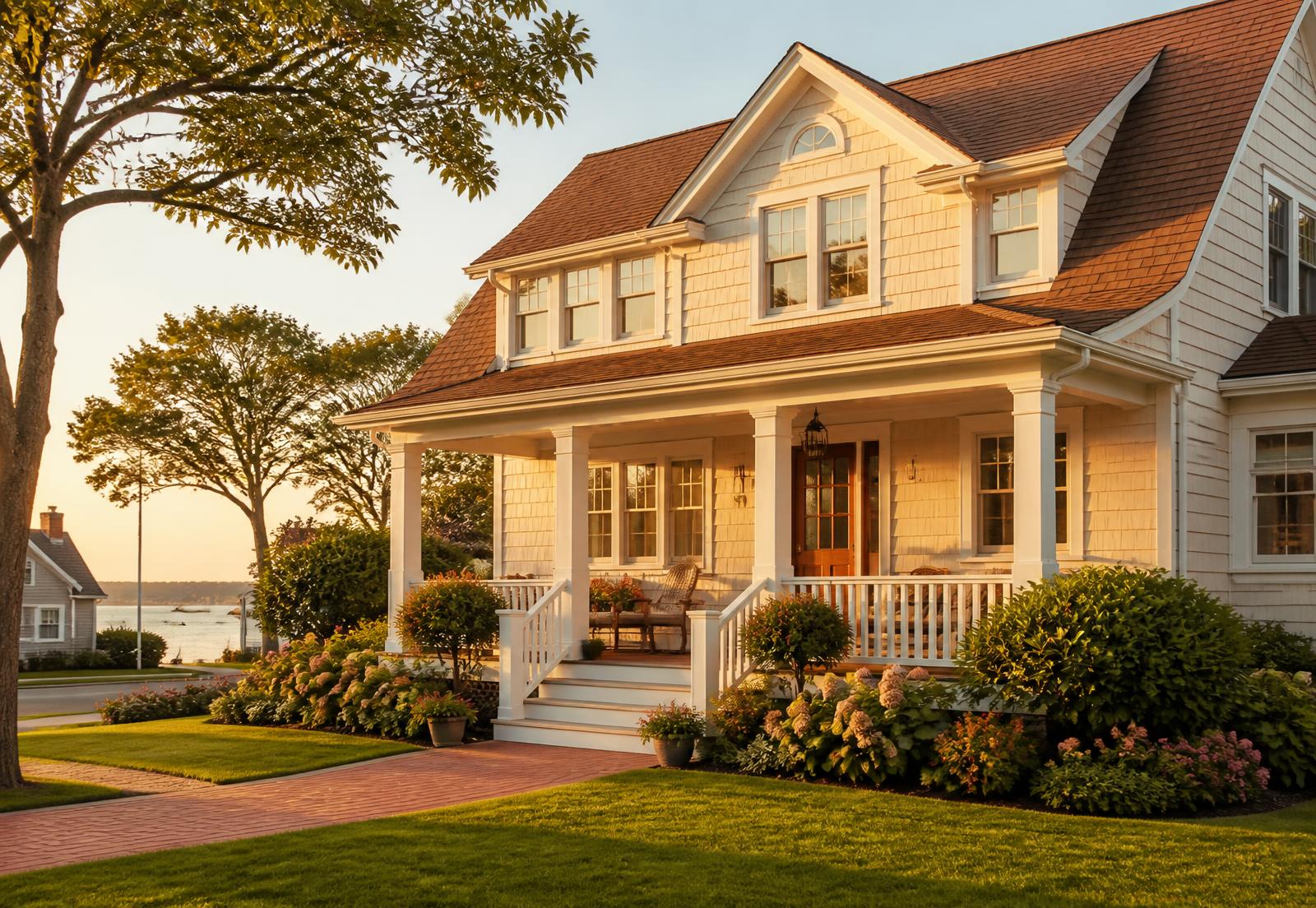 Warm, well-kept Long Island home at golden hour with a welcoming front porch
